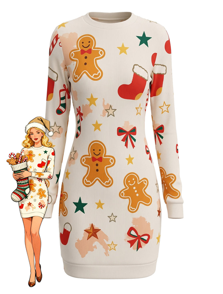 Beiges 60er Weihnachtskleid mit Lebkuchen-Print und Langarm