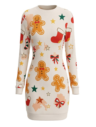 Beiges 60er Weihnachtskleid mit Lebkuchen-Print und Langarm
