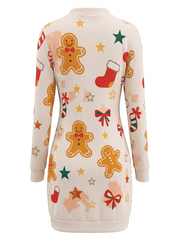 Beiges 60er Weihnachtskleid mit Lebkuchen-Print und Langarm