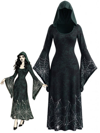 30er Kapuzen-Hexenkleid mit Spinnennetz und Glockenärmeln