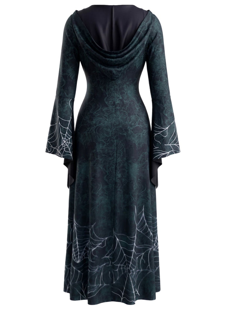 30er Kapuzen-Hexenkleid mit Spinnennetz und Glockenärmeln