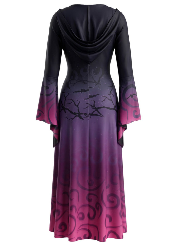 30er Kapuzen-Hexenkleid mit Spinnennetz und Glockenärmeln