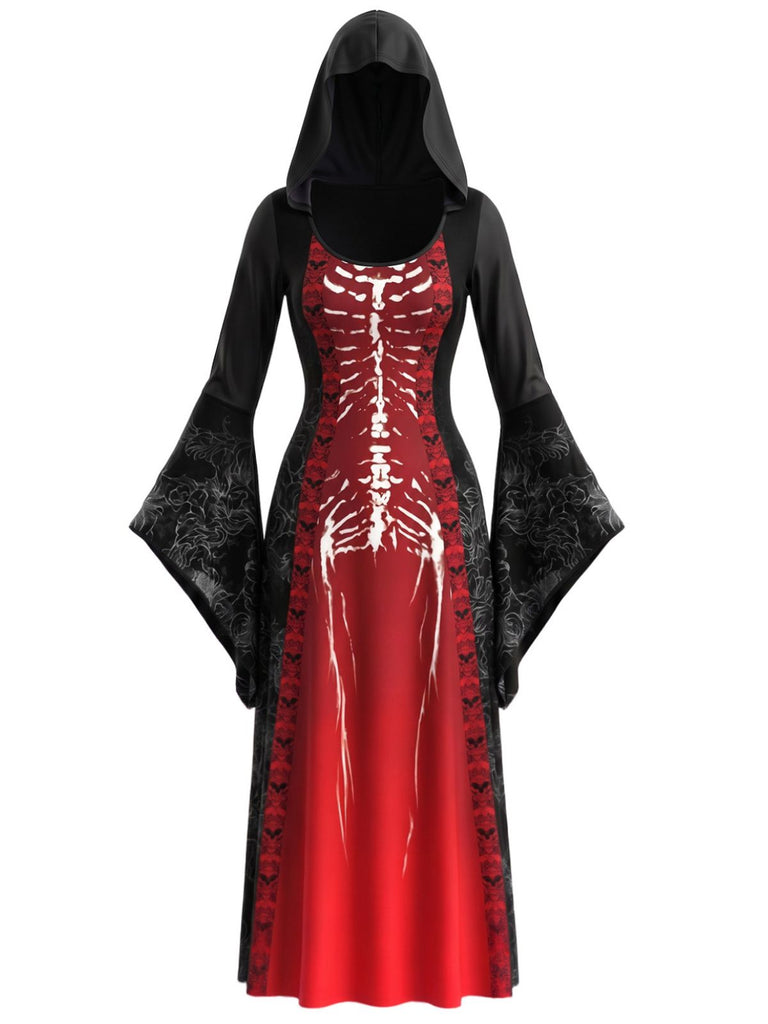 30er Kapuzen-Hexenkleid mit Spinnennetz und Glockenärmeln