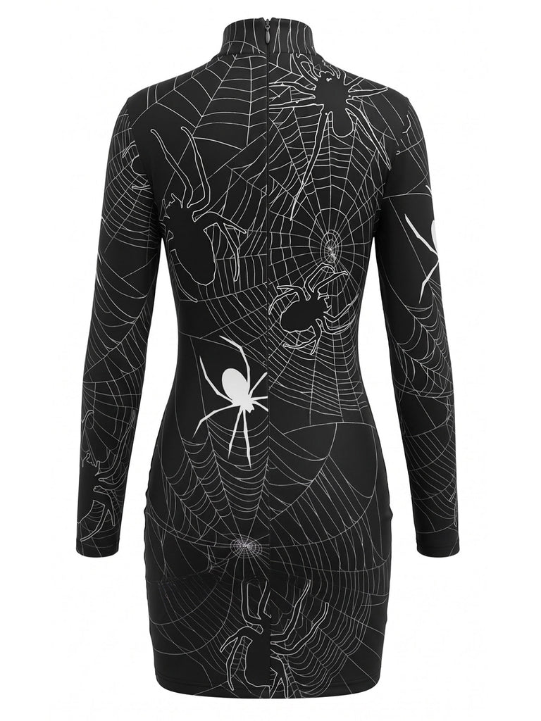 60er Halloween Bleistiftkleid mit Spinnennetz und Langarm