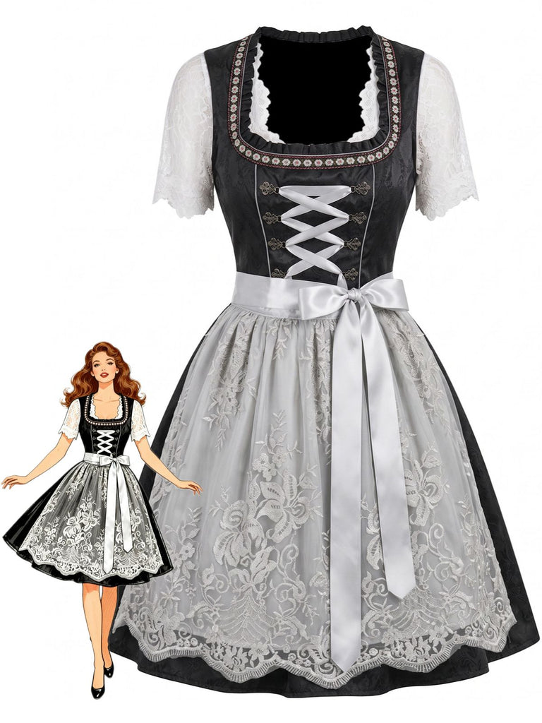 Blaues 50er 3-teiliges Kleid mit Schürze und Top