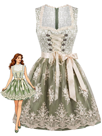 Hellgrünes 50er Kleid mit Eckiger Ausschnitt und Blumen
