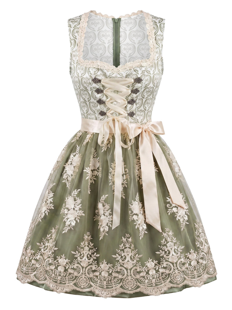 Hellgrünes & Weißes 50er Kleid mit Eckiger Ausschnitt und Blumen