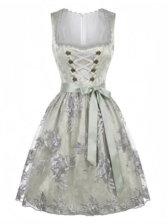 Hellblaues 50er Oktoberfest-Dirndl-Set mit Blumen und Schürze