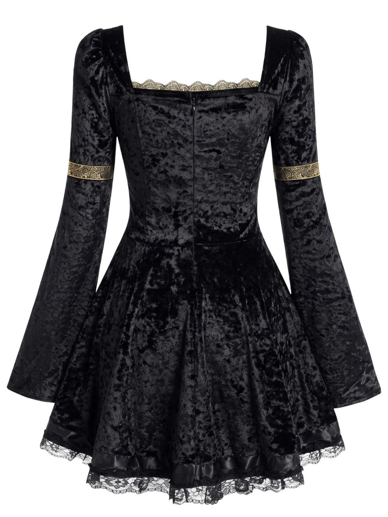 Türkises 70er Samt-Minikleid mit Schnürung und Glockenärmeln