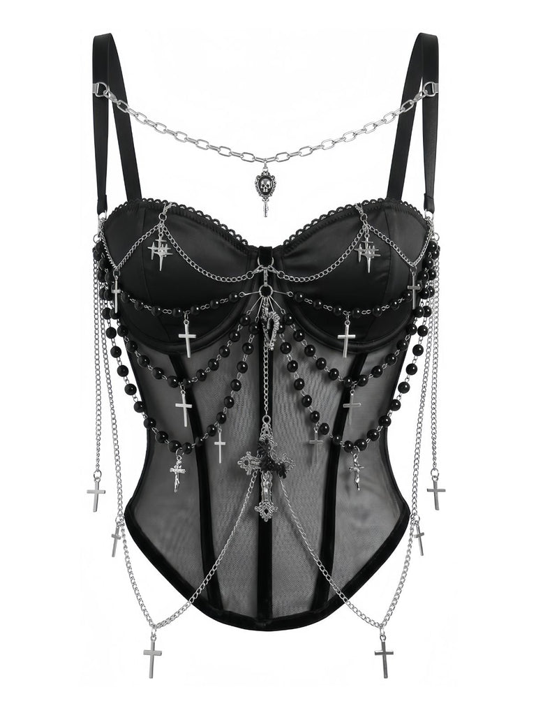 Schwarzer 80er Gothic Korsett mit Perlen