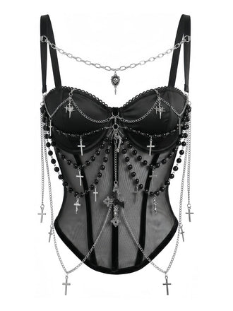 Schwarzer 80er Gothic Korsett mit Perlen