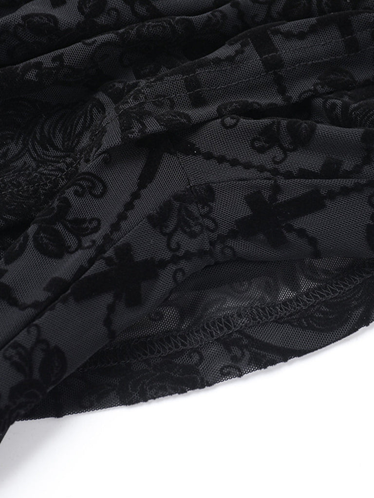 70er Spitzen-Schlaghose mit Rock-Overlay und Raffung