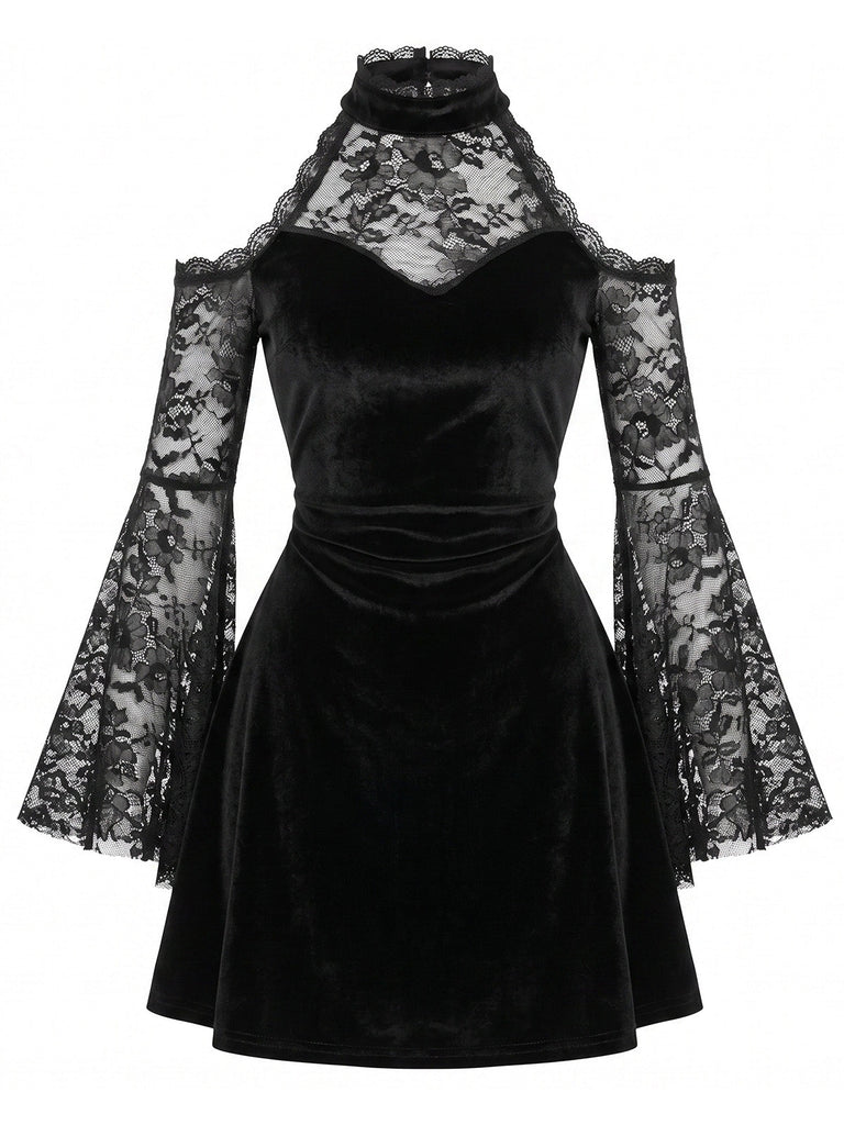 Schwarz 60er Cold-Shoulder mit Glockenärmel und Samt