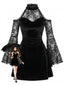 Schwarzes 60er Samt-Minikleid mit Spitze Cold-Shoulder und Trompetenärmeln
