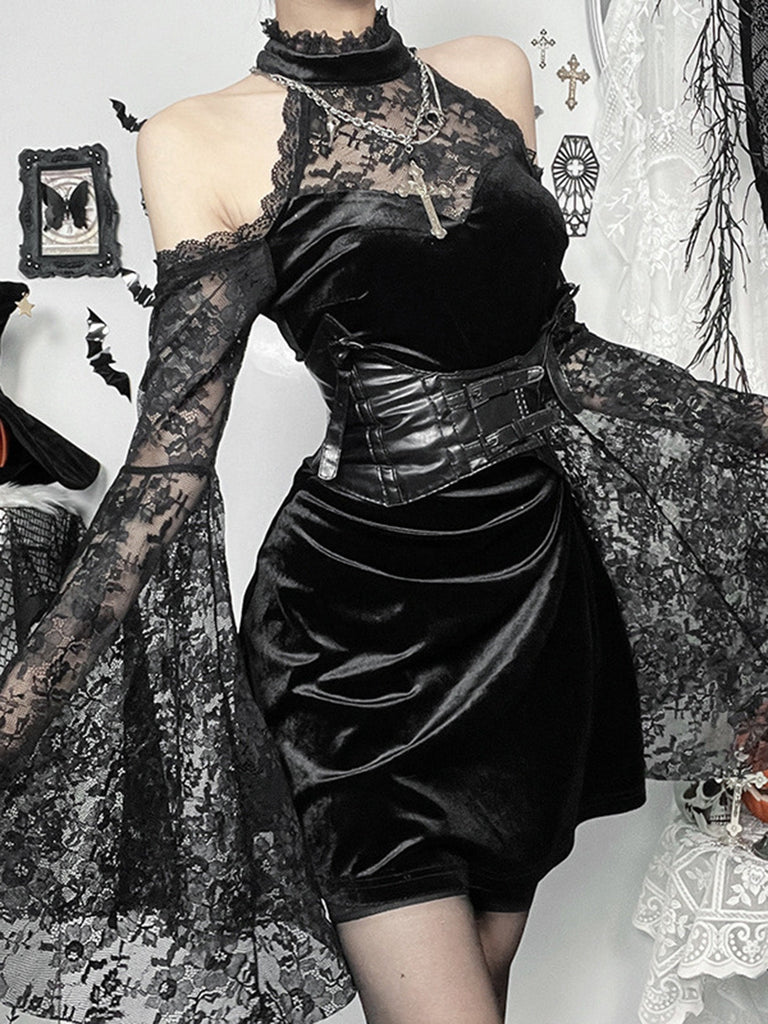 Schwarz 60er Cold-Shoulder mit Glockenärmel und Samt