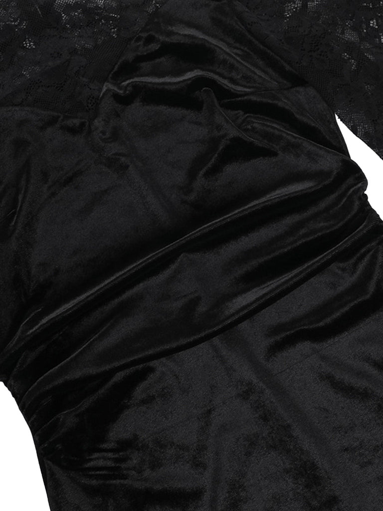 Schwarz 60er Cold-Shoulder mit Glockenärmel und Samt