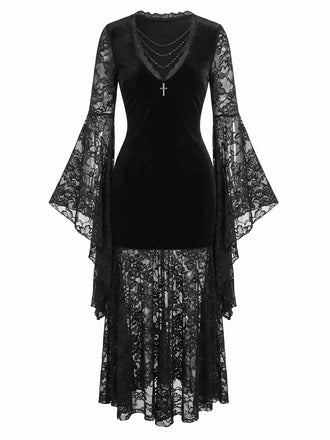 Schwarzes 70er Gothic Samtkleid mit Spitze und Fledermausärmeln