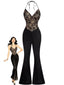 Schwarzer 60er Neckholder-Jumpsuit mit Spitze und ausgestelltem Bein