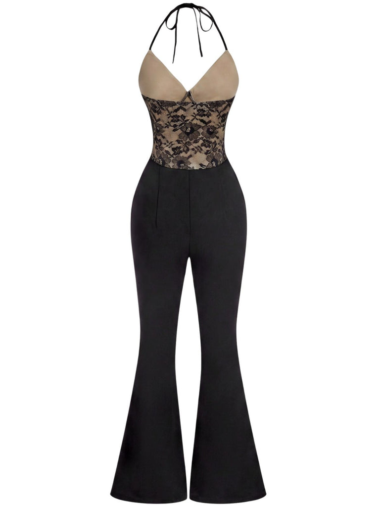 Schwarzer 60er Jumpsuit mit Neckholder und Spitze