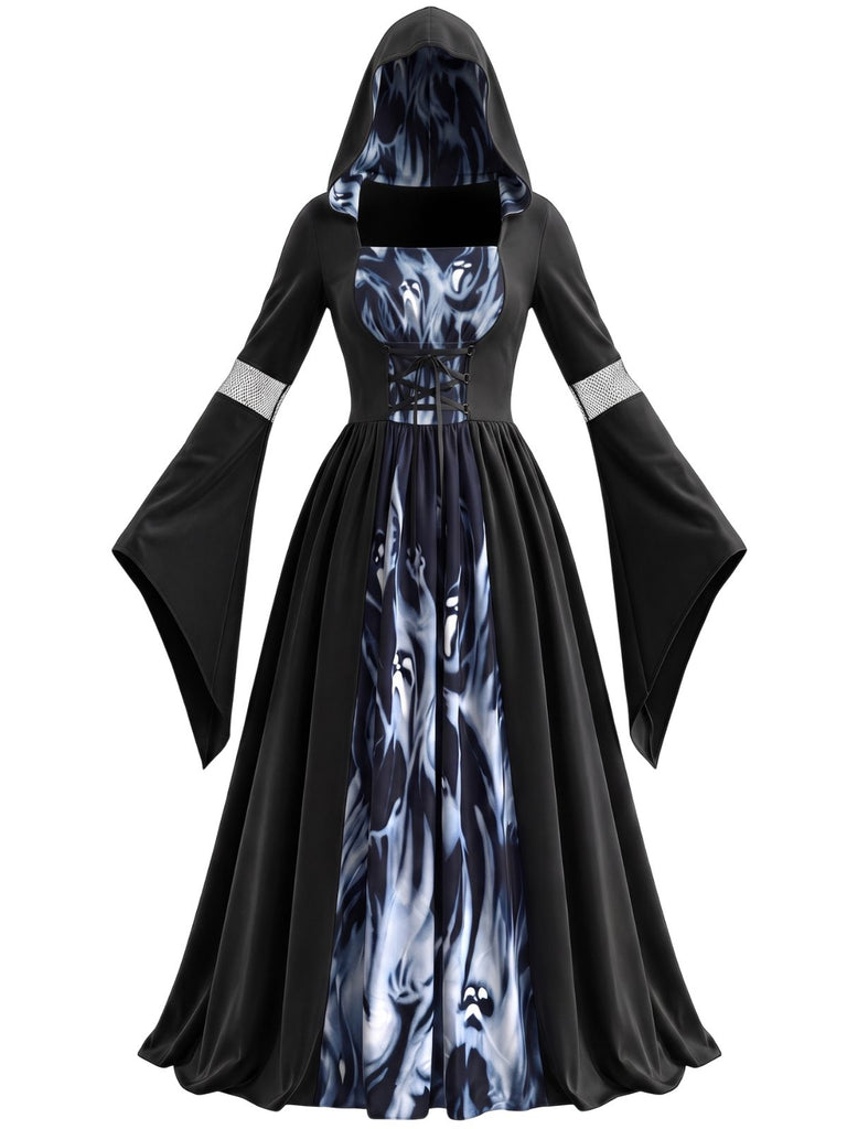 Schwarzes 50er Halloween-Kapuzenkleid mit Geist und Glockenärmeln