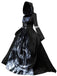 Schwarzes 50er Halloween-Kapuzenkleid mit Geist und Glockenärmeln