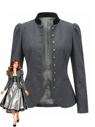 Dunkelgraue 50er figurbetonte Jacke mit Stehkragen und Knöpfen