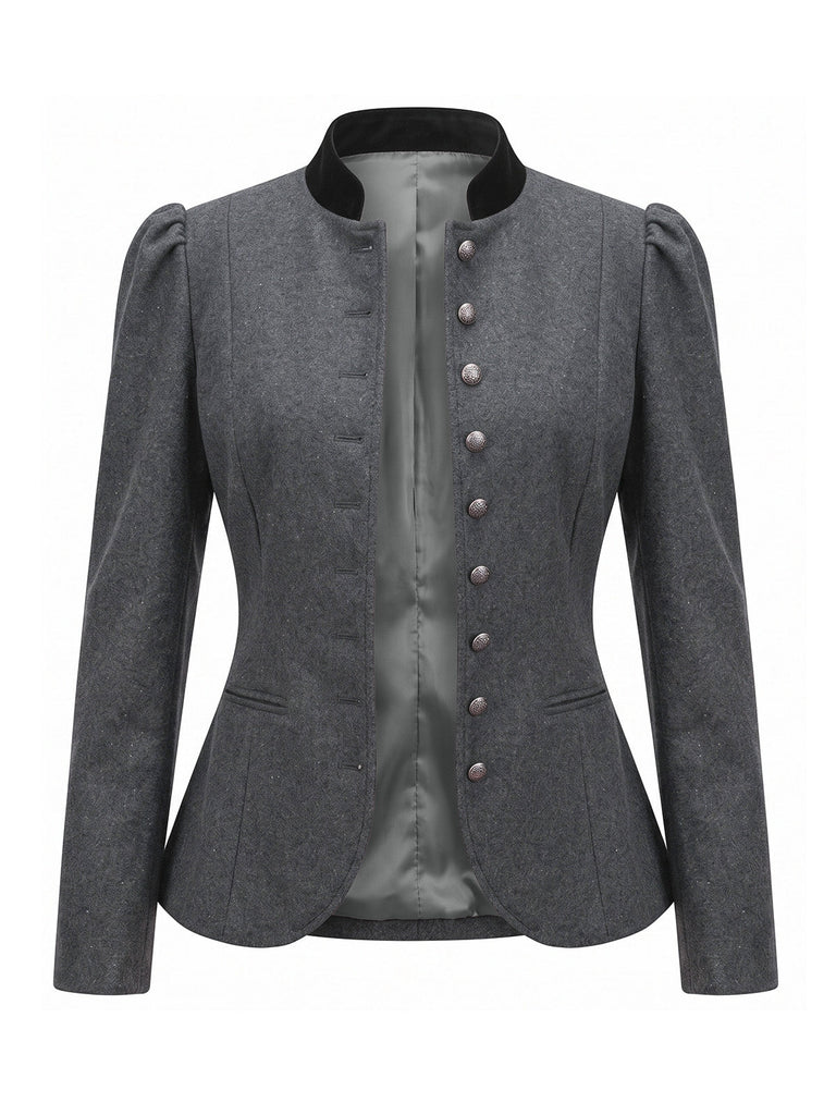 Dunkelgraue 50er figurbetonte Jacke mit Stehkragen und Knöpfen