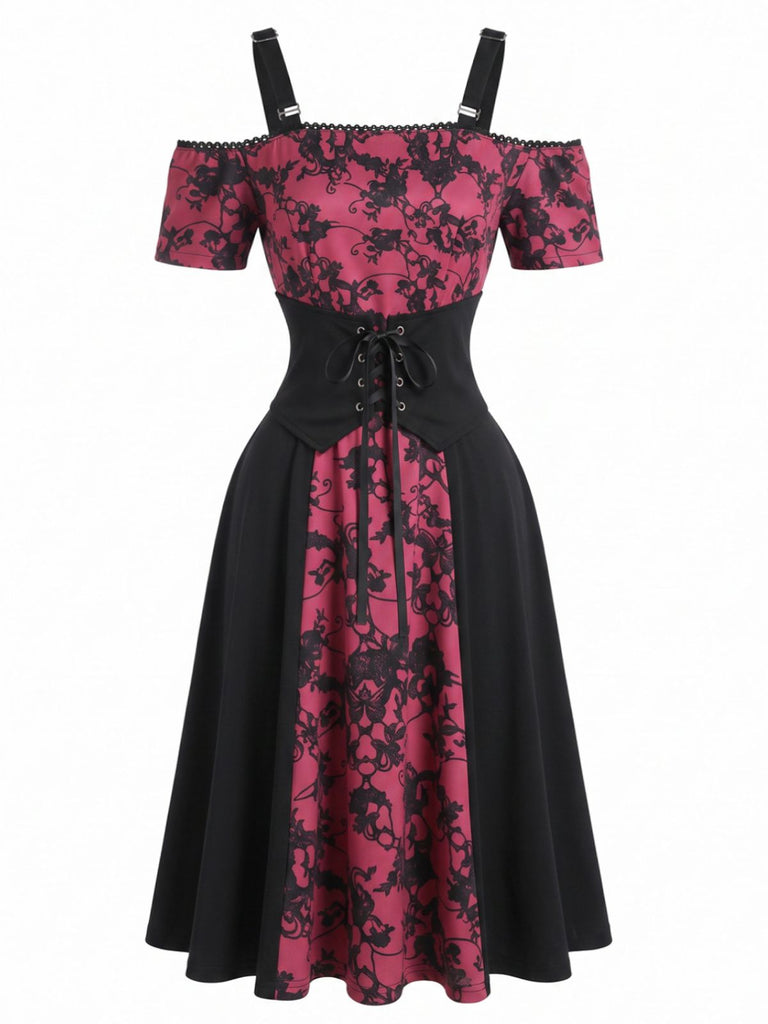 Rosa 50er Halloween Gothic Korsett-Kleid mit Blumen