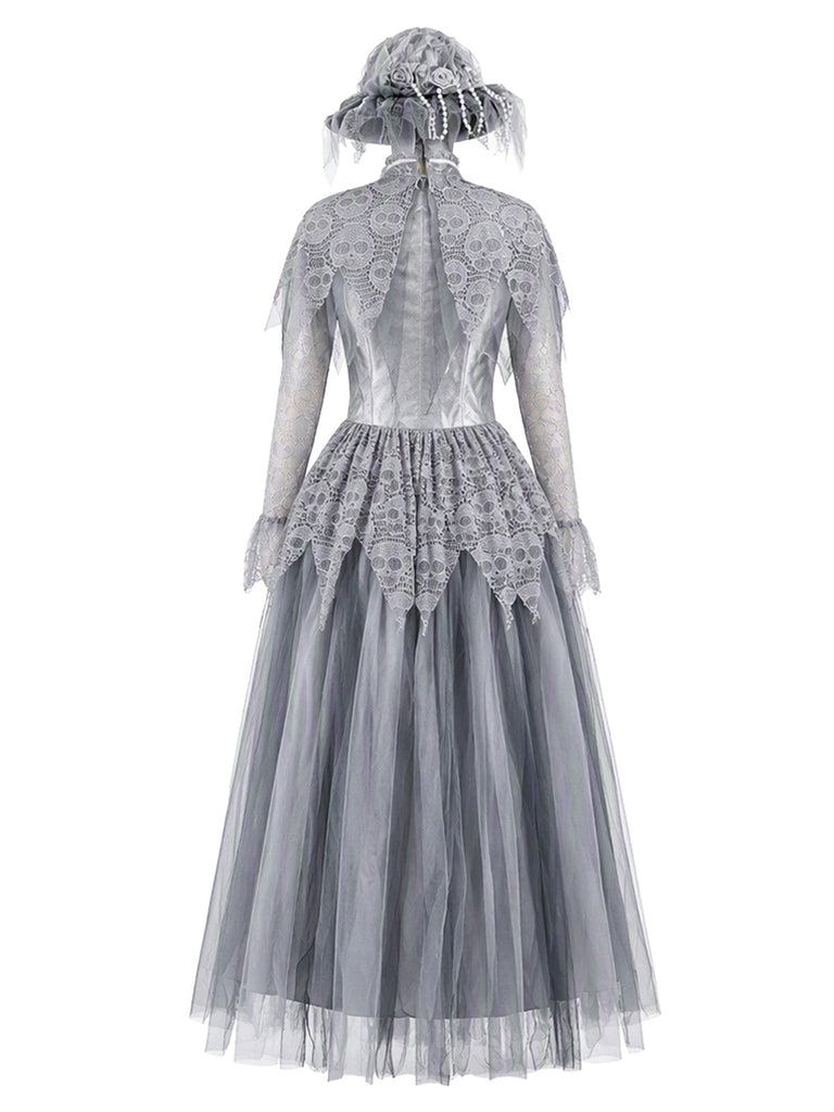 Graues 40er Gothic Maxikleid mit Spitzen-Cape und Tüll
