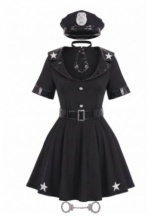 Schwarzes 50er Polizei-Kostümset mit Kleid, Mütze und Handschellen