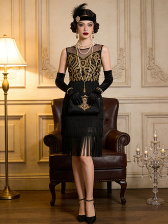 Schwarz-goldenes 20er Flapperkleid mit Perlen-Pailletten und Fransen
