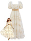 70er Maxikleid mit Blumenstickerei und Puffärmeln