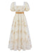 70er Maxikleid mit Blumenstickerei und Puffärmeln