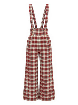 Roter 70er Karo-Latzoverall mit Knöpfen, Taschen und weitem Bein