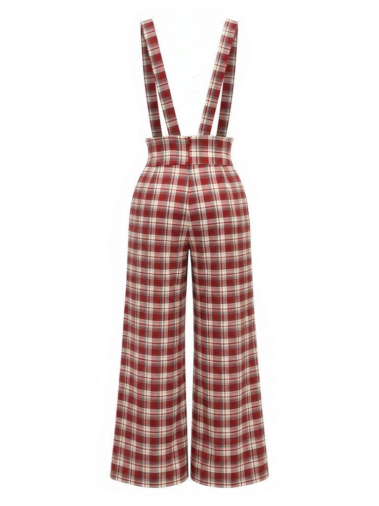 Rotes 70er Set aus Schluppenbluse und Karo-Latzhose mit weitem Bein