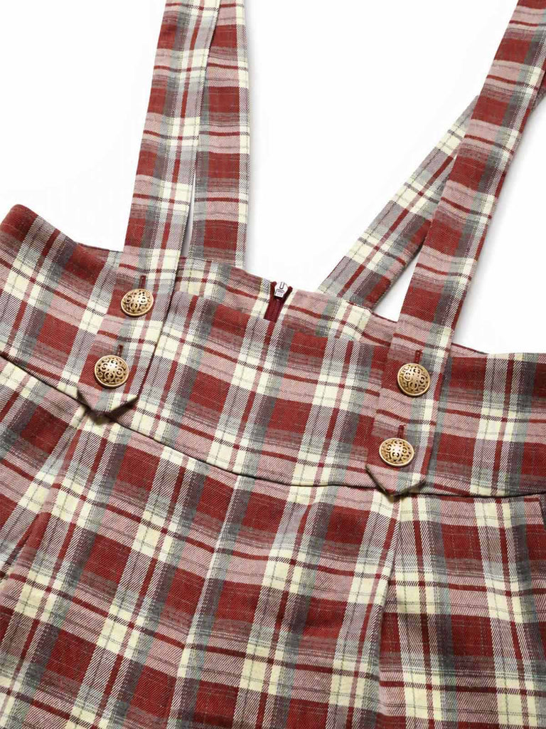 Rotes 70er Set aus Schluppenbluse und Karo-Latzhose mit weitem Bein