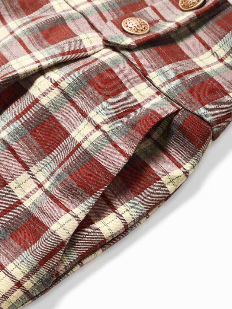 Roter 70er Karo-Latzoverall mit Knöpfen, Taschen und weitem Bein