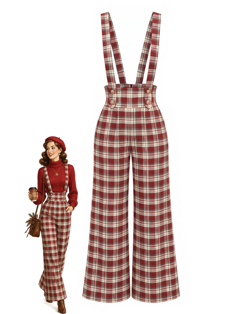 Roter 70er Karo-Latzoverall mit Knöpfen, Taschen und weitem Bein