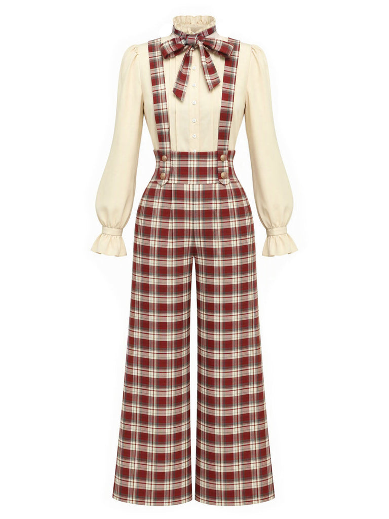 Rotes 70er Set aus Schluppenbluse und Karo-Latzhose mit weitem Bein