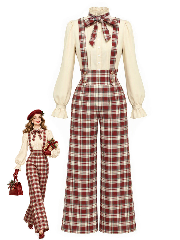 Rotes 70er Set aus Schluppenbluse und Karo-Latzhose mit weitem Bein