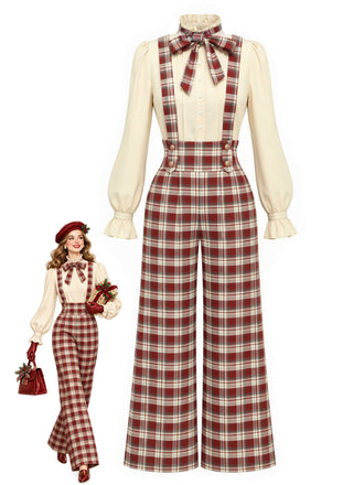 Rotes 70er Set aus Schluppenbluse und Karo-Latzhose mit weitem Bein
