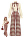 Rotes 70er Set aus Schluppenbluse und Karo-Latzhose mit weitem Bein