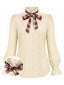 [Vorverkauf] Beige 70er Bluse mit Karoschluppe, Rüschenkragen und Puffärmeln