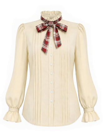 Beige 70er Bluse mit Karoschluppe, Rüschenkragen und Puffärmeln
