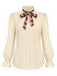 Beige 70er Bluse mit Karoschluppe, Rüschenkragen und Puffärmeln