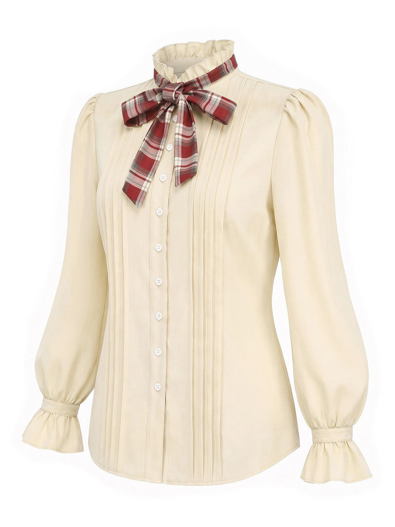 Beige 70er Bluse mit Karoschluppe, Rüschenkragen und Puffärmeln