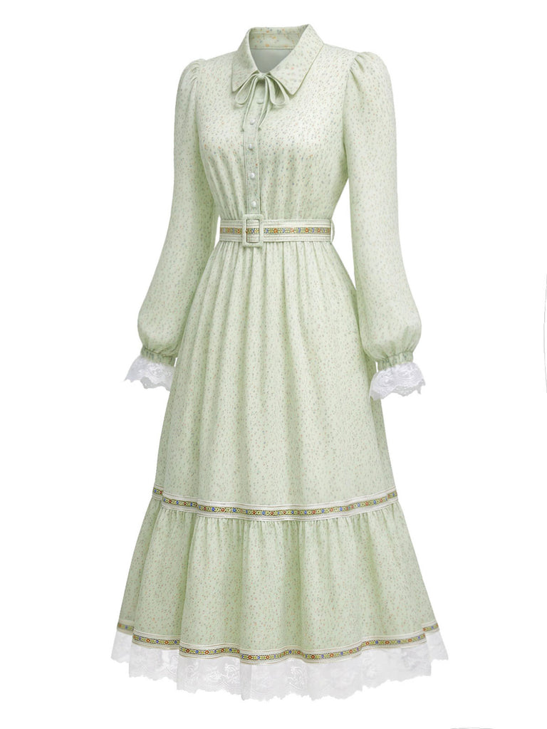 Viktorianisches 30er Blumenkleid mit Spitzenbesatz und Puffärmeln
