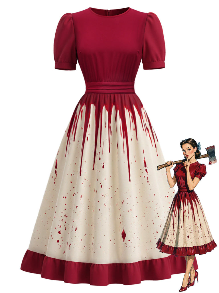 Weißes & Rotes 50er Halloween Kleid mit Bluttropfen-Print
