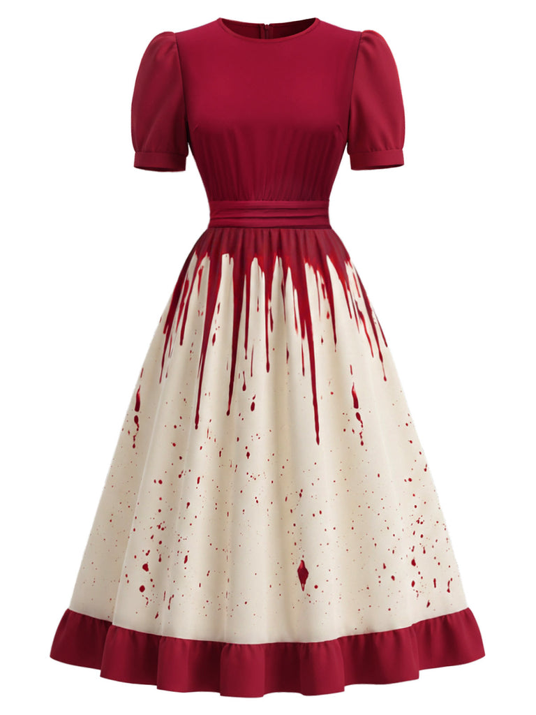 Weißes & Rotes 50er Halloween Kleid mit Bluttropfen-Print