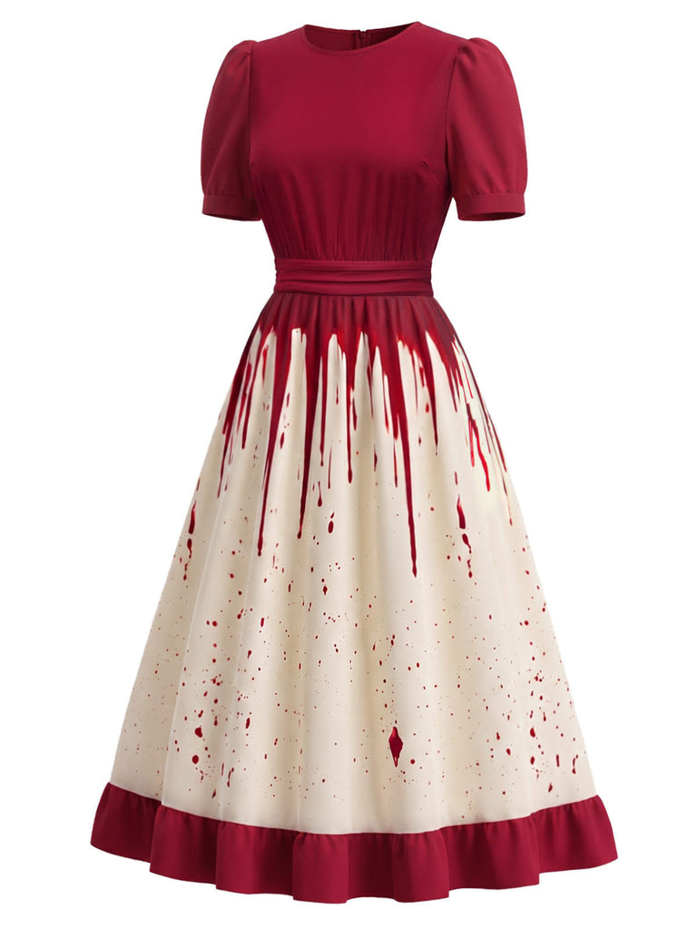Weißes & Rotes 50er Halloween Kleid mit Bluttropfen-Print